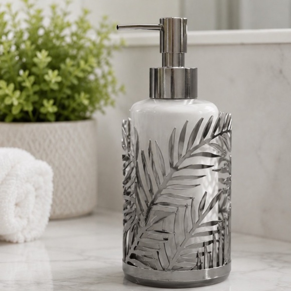 Bath & Body Works Gunmetal Gray Palm Leaf Soap Dispenser Holder Tropical J-01